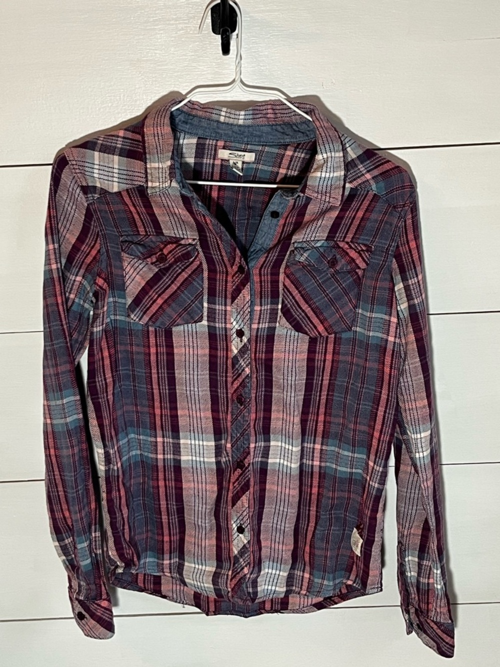 Silver Plaid Button-Up Shirt in Burgundy, Navy & Cream - Picture 1 of 4
